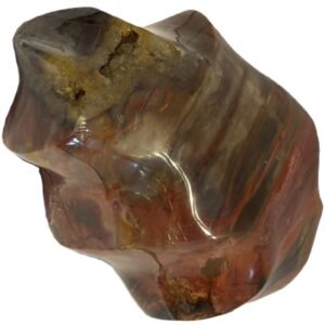 Hand carved polished carnelian flame sculpture featuring twisting ridges with deep mahogany red burnt orange tones and smoky chalcedony patches isolated on a white background